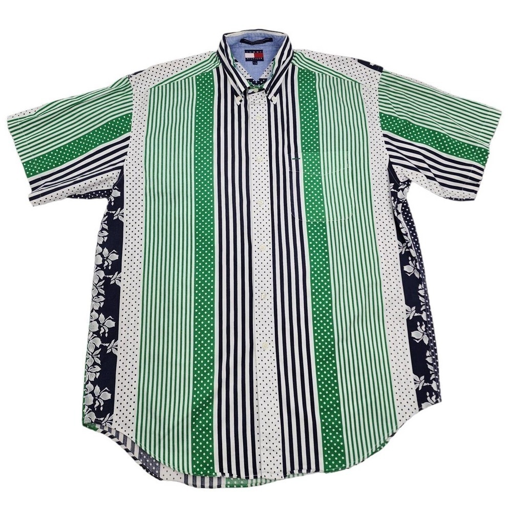 Tommy Hilfiger Polka Dot Striped Button Up Short Sleeve Floral Shirt Mens L VTG